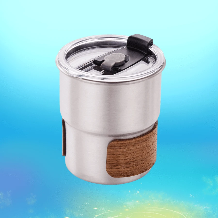 1pc Stainless Steel + Ps Plastic Lid Coffee Cup/Beer Mug With 300ml Capacity And Walnut Wood Heat Insulation Sleeve - Silver - View 1