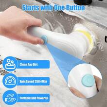 1入全能電動清潔器,附有5個可更換的頭部,usb充電式電動清潔刷,360°清潔刷,可用於清潔瓷磚、地板、窗戶