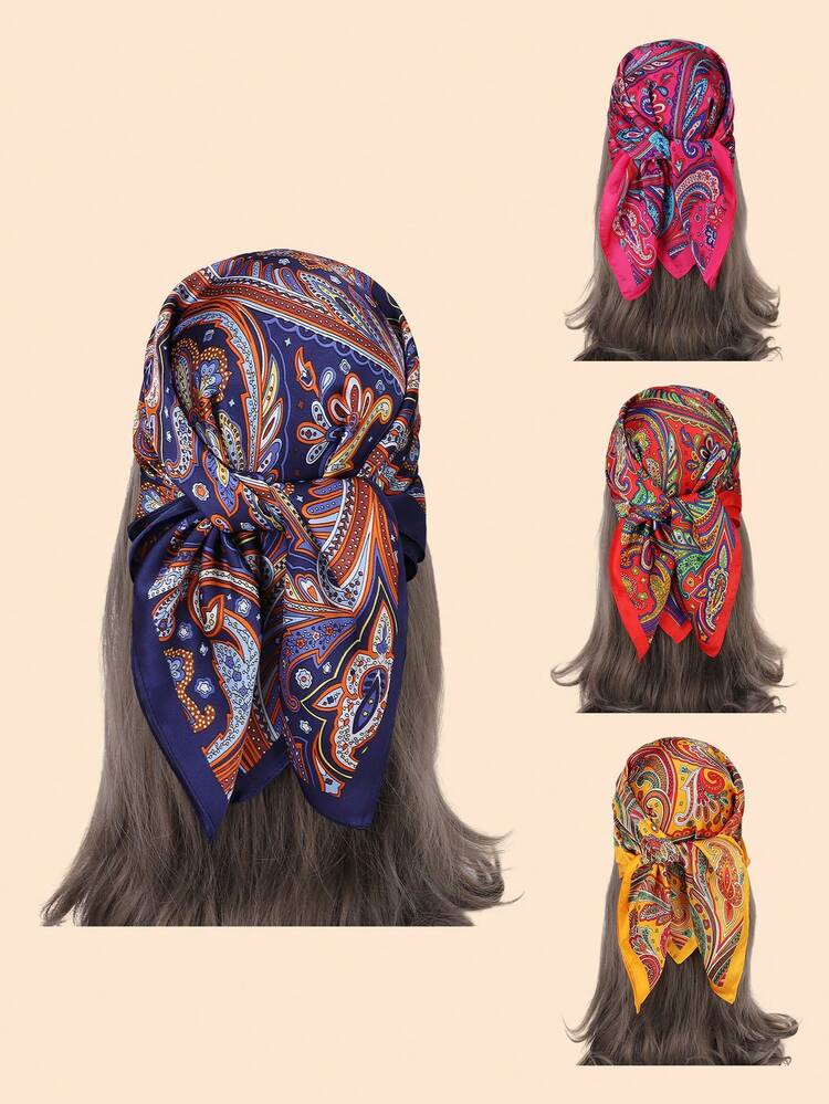 1 Pieza De Bufanda De Flores De Pavo Real De Moda Para Hombres Y Mujeres Unisex, Cinta Para La Cabeza Cuadrada De Seda Falsa Estilo Bohemio - 70*70cmA - Ver 1