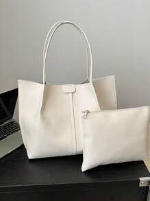 Bolso Grande Sólido De Gran Capacidad Con Un Neceser De Maquillaje Complementario - Blanco - Ver 6