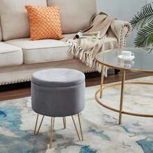 Round Velvet Footrest Stool Ottoman, Upholstered Vanity Chair Pouffe With Storage Function Seat/Tray Top Coffee Table Seat Dressing Chair With Golden Metal Leg Grey - 灰色 - 查看 3