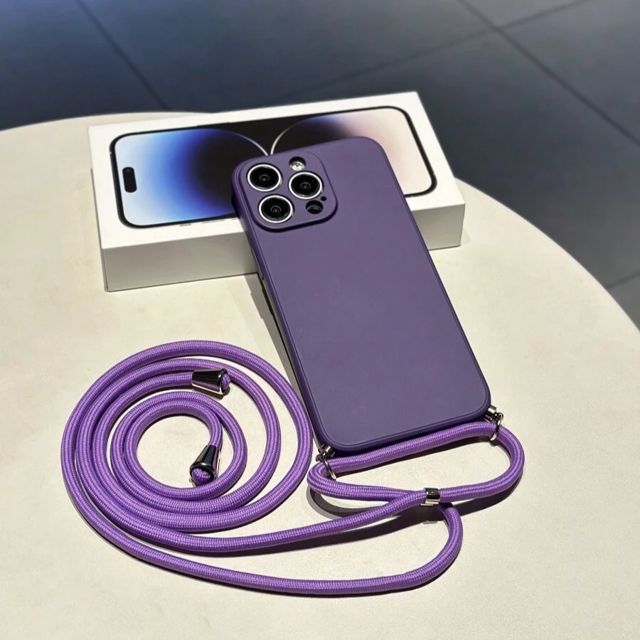 1个纯色液态硅胶TPU斜挎手机壳，带挂绳，兼容/OPPO/三星/华为/小米智能手机，男女通用，国际版，非国内版 - 紫色 - 查看 1