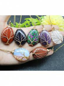 1PC Tree Of Life Crystals Necklace Pendant Water Drop Natural Stone Wire Wrap Rose Amethysts Quartz Crystal Tiger Eye Necklace Pendant