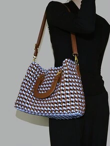 Fashionable And New Style Color Block Woven Tote Bag With Shoulder Strap And Removable Pouch For Women, High-End Lock Closure Design - Multicolor - View 2
