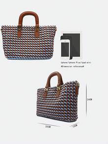 Fashionable And New Style Color Block Woven Tote Bag With Shoulder Strap And Removable Pouch For Women, High-End Lock Closure Design - Multicolor - View 8