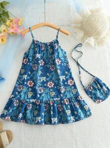 Young Girl Ditsy Floral Windproof Summer Dress & Bag Set - Blue - View 1