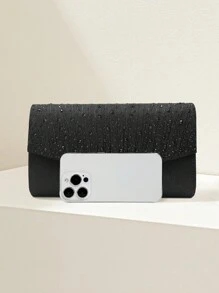 SIIZA Women's Clutch Wallet With Rhinestones, Metallic Luster V-Shaped Edge, Black