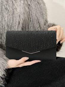 SIIZA Women's Clutch Wallet With Rhinestones, Metallic Luster V-Shaped Edge, Black