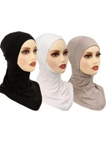 3 pièces Ensemble mode femme de couleur unie : Bonnet élastique pour sous-foulard, foulard de cou hijab, foulard de tête compatible avec l'abaya, pour usage quotidien