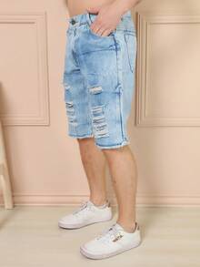 Men Denim Shorts - 中等水洗藍 - 查看 2