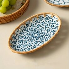 1pc Oval Appetizer Plates, Ceramic Rattan Plate Chinese Antique Style Painting Dessert Plate, Porcelain Food Serving Plate - White - View 1