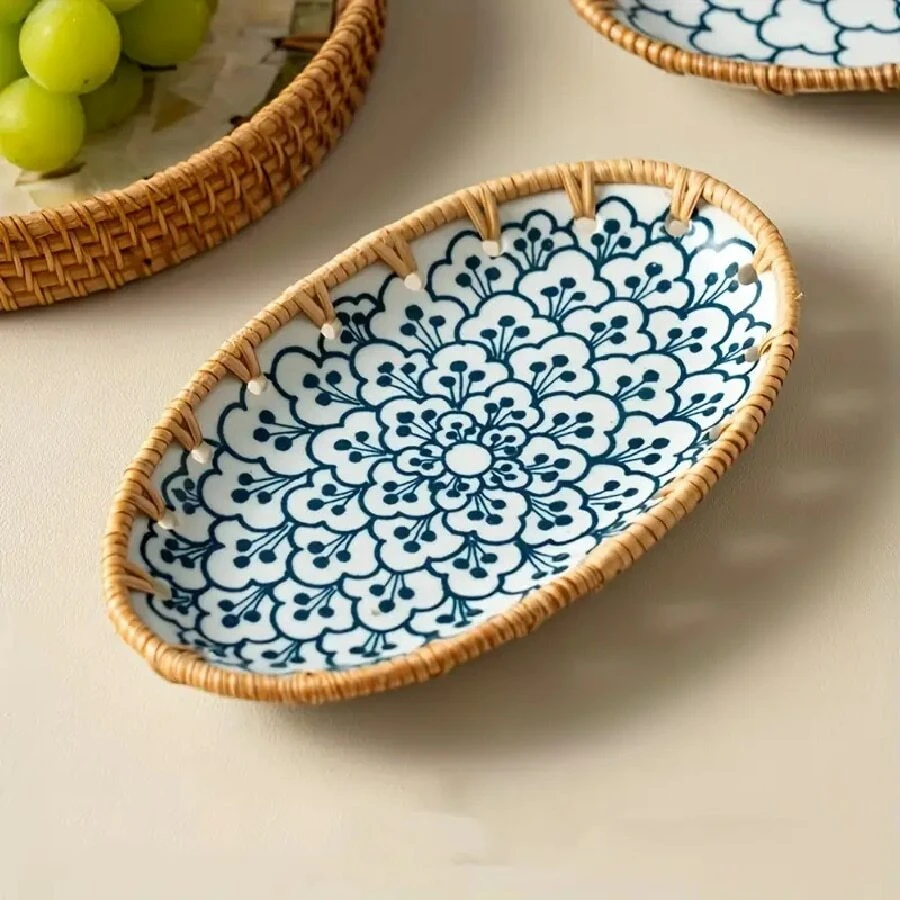 1pc Oval Appetizer Plates, Ceramic Rattan Plate Chinese Antique Style Painting Dessert Plate, Porcelain Food Serving Plate - White - View 1