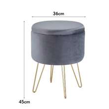 Round Velvet Footrest Stool Ottoman, Upholstered Vanity Chair Pouffe With Storage Function Seat/Tray Top Coffee Table Seat Dressing Chair With Golden Metal Leg Grey - 灰色 - 查看 5