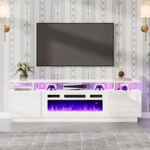 Modern Fireplace TV Stand With 36" Electric Fireplace, High Gloss Finish Media Console With Open Storage, LED Lights Entertainment Center For TVs Up To 80" - trắng - Xem 2