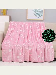 Pink Star & Heart Pattern Blanket, Glow In The Dark Flannel Throw Blanket, Ideal For Kids' Nap/bedtime/camping/car/beach, Skin-friendly & Comfortable, Perfect Gift For Girls