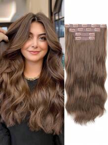 Clip In Hair Extensions, 20 In Long Wavy Synthetic Fiber Hair Extensions Clip Ins Thick Soft Synthetic Clip In Hairpieces For Women Girls Daily Use Party(Dark Brown)