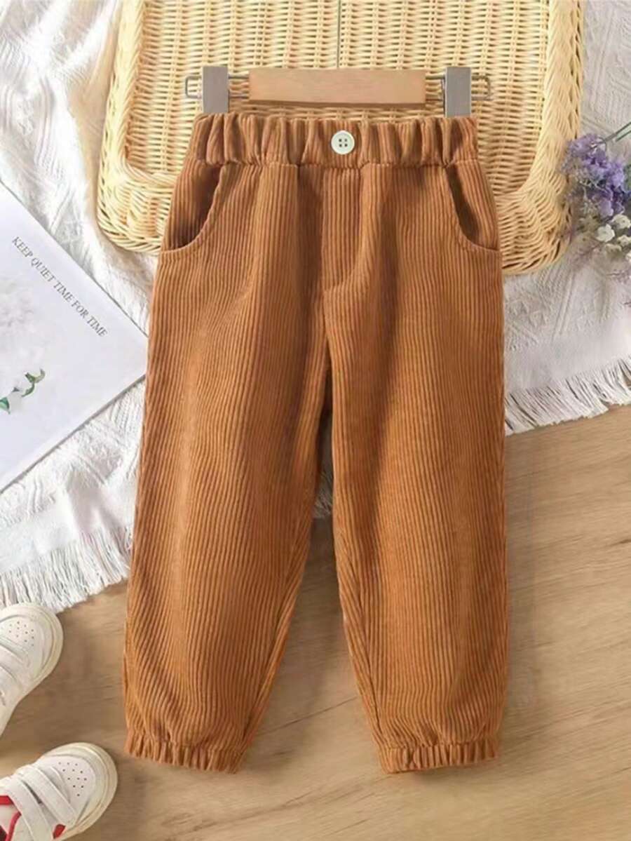 女小童紐扣細節斜口袋燈芯絨長褲 - 棕色 - 查看 1