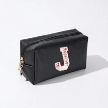 簡約風格字母刺繡化妝包防水化妝包旅行便攜收納小化妝包字母印花化妝包情人節禮物pu皮革 - 黑色 - 查看 16