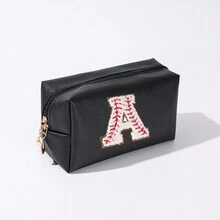 簡約風格字母刺繡化妝包防水化妝包旅行便攜收納小化妝包字母印花化妝包情人節禮物pu皮革 - 黑色 - 查看 13