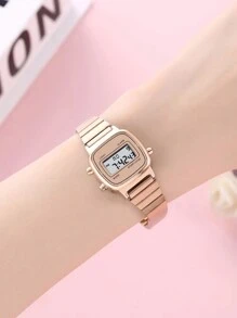 FANSICHEN 1 Pieza Reloj Electrónico Multifuncional Para Mujeres, Elegante Forma Cuadrada Con Correa De Acero Inoxidable Dorada Rosa, Función De Calendario, Ideal Para Uso Diario Y Regalo