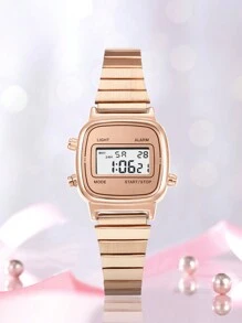 FANSICHEN 1 Pieza Reloj Electrónico Multifuncional Para Mujeres, Elegante Forma Cuadrada Con Correa De Acero Inoxidable Dorada Rosa, Función De Calendario, Ideal Para Uso Diario Y Regalo