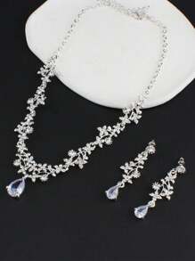 Bộ 3 chiếc/Bộ vòng cổ và hoa tai hình hoa bạc cho nữ, Quà tặng ngày lễ tình nhân, Bộ trang sức cưới/tiệc/cô dâu Valentine - Bạc - Xem 3