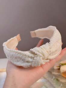 1pc Girls' High Crown Headband With Pearl & Bow & Ruffle Decor For Princess Look