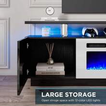 Modern Fireplace TV Stand With 36" Electric Fireplace, High Gloss Finish Media Console With Open Storage, LED Lights Entertainment Center For TVs Up To 80" - Đen và trắng - Xem 6