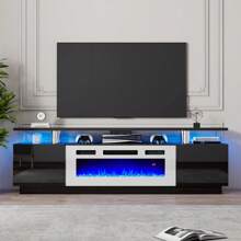 Modern Fireplace TV Stand With 36" Electric Fireplace, High Gloss Finish Media Console With Open Storage, LED Lights Entertainment Center For TVs Up To 80" - Đen và trắng - Xem 2
