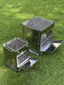 1pc Multifunctional Square Firewood Stove Outdoor Bbq Mini Grill Foldable Barbecue Rack For Camping, Kitchen Stuff - Silver - View 11