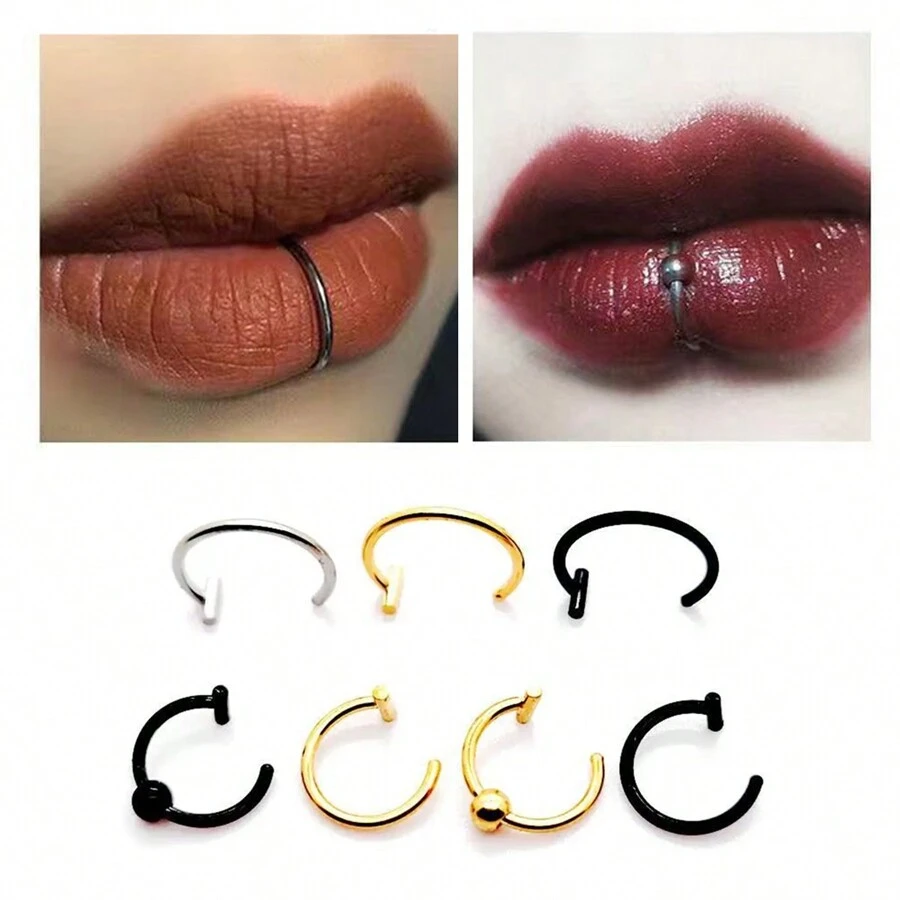 2Pcs 18G Fashion 316L Stainless Steel Fake Lip Rings For Women Men,  Nose Ring Fake Septum Nose Ring Clip On Lip Ring Fake Piercing Jewelry Suitable For Daily Gatherings And Dates Wear