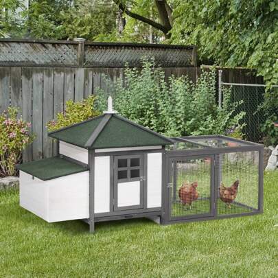 PawHut Chicken Coop With Run Hen House Poultry Coops Cages Pen Outdoor Backyard With Nesting Box 196 X 76 X 97cm