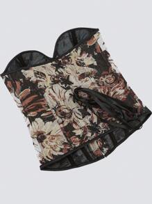 1 Peça Top Corset Crop Feminino com Amarração nas Costas e Estampa Floral