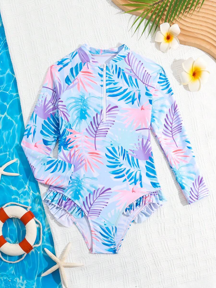 少女可愛植物印花連身泳裝 - 彩色 - 查看 1