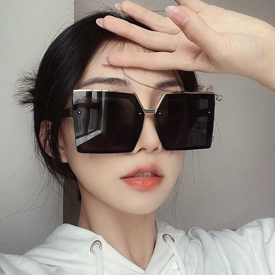 MEIRONG 女士大号方形时尚眼镜，纯色款式，新潮，街头风格，遮阳海滩配饰，适合夏季海滩度假、户外、旅行 - 黑色 - 查看 1