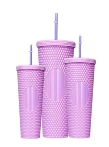 Set 3 Vasos Efecto Texturizado Diferentes Tamaños Con Popotes De Moda Colores Vibrante - Morado - Ver 1