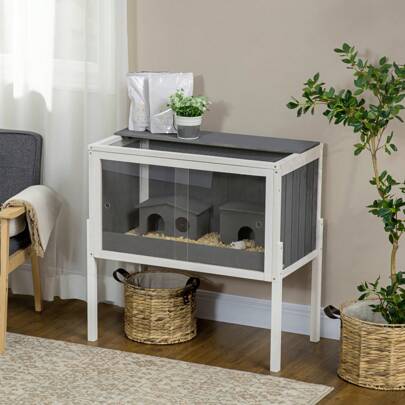 PawHut Wooden Hamster Cages For Hamsters, Gerbils, Rutin Chickens, Small Animal Habitats With Shelf, 82 X 45 X 81cm - Dark Grey