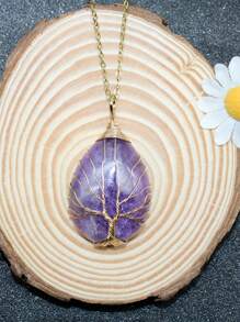 1PC Tree Of Life Crystals Necklace Pendant Water Drop Natural Stone Wire Wrap Rose Amethysts Quartz Crystal Tiger Eye Necklace Pendant