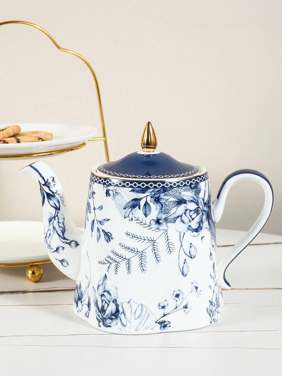 1pc Light Luxury Ceramic Kettle, Petal Blue And White Porcelain Teapot, Suitable For Home, Teahouse Cold Water Bottle, Flower Pot, Tea Pot - Blue and White - View 1