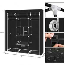 69" Portable Clothes Closet Non-Woven Fabric Wardrobe Double Rod Storage Organizer - Black - View 7