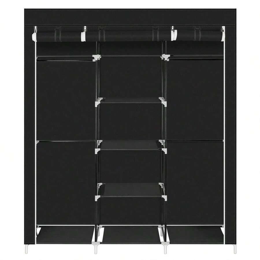 69" Portable Clothes Closet Non-Woven Fabric Wardrobe Double Rod Storage Organizer - Black - View 1