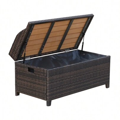 Outsunny PE Rattan Outdoor Storage Benches, Aluminium Garden Bench With Storage Underneath W/ Zippered Inner Lining, Rods For Deck, Patio