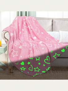 Pink Star & Heart Pattern Blanket, Glow In The Dark Flannel Throw Blanket, Ideal For Kids' Nap/bedtime/camping/car/beach, Skin-friendly & Comfortable, Perfect Gift For Girls