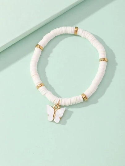 1 chiếc vòng tay bằng đất sét polymer mặt dây chuyền hình bướm trắng cho bé gái, thích hợp để trang trí hàng ngày.