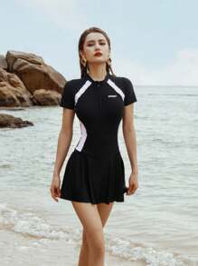 One-Piece Short Sleeve Stylish Nylon High Elasticity Swimsuit With Removable Pads And Skirted Design, Perfect For Hot Springs Swimwear - Black and White - View 1