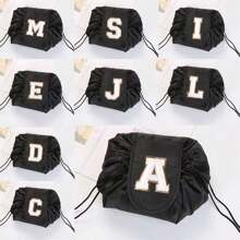 1入斜肩字母刺繡化妝收納包女用口袋折疊式化妝包便攜式旅行收納洗漱袋字母印花組織者盥洗用品情人節禮物 - 黑色 - 查看 2