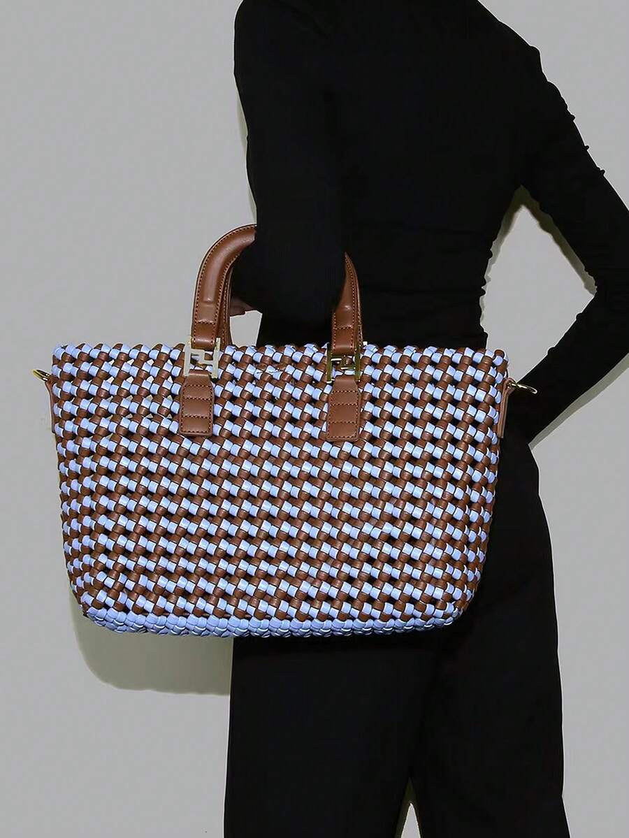 Fashionable And New Style Color Block Woven Tote Bag With Shoulder Strap And Removable Pouch For Women, High-End Lock Closure Design - Multicolor - View 1
