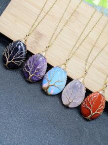 1PC Tree Of Life Crystals Necklace Pendant Water Drop Natural Stone Wire Wrap Rose Amethysts Quartz Crystal Tiger Eye Necklace Pendant