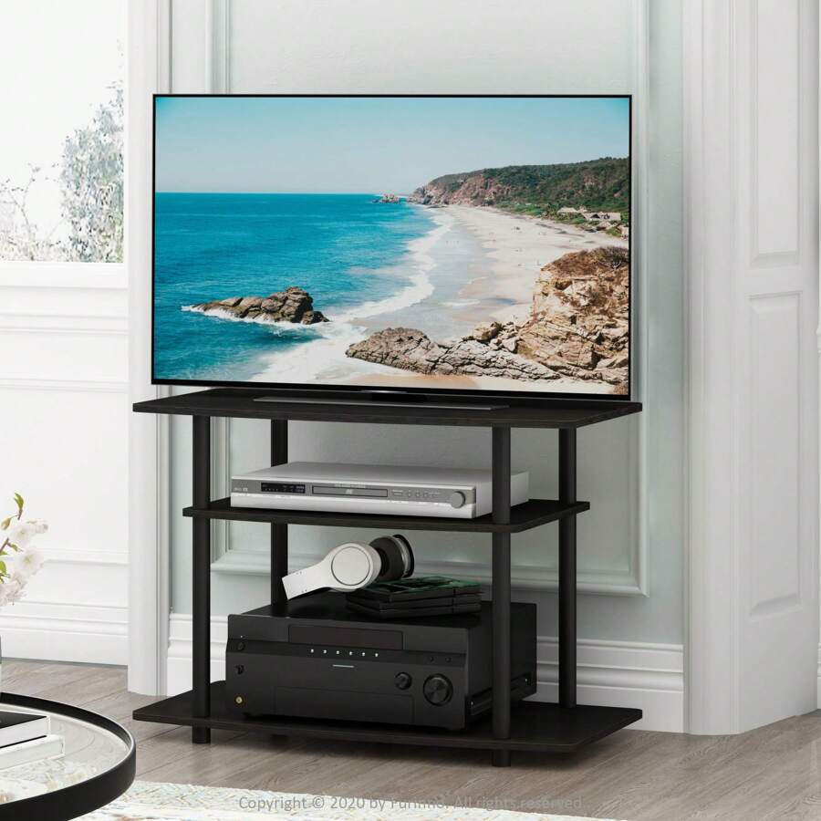 Turn-N-Tube No Tools 3-Tier TV Stand Tall Entertainment Center TV Mount For Bedroom, Living Room, Office, Meeting Room, Espresso/Black - 黑色 - 查看 1