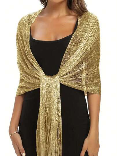 Golden Sparkling Metallic Shawl Without Round Buckle Elegant Lightweight Breathable Tassel Scarf Women's Party Banquet Dress Outside Shawl Bandana,Hair Band,Head Band Ideal For Dressing Up Your Look